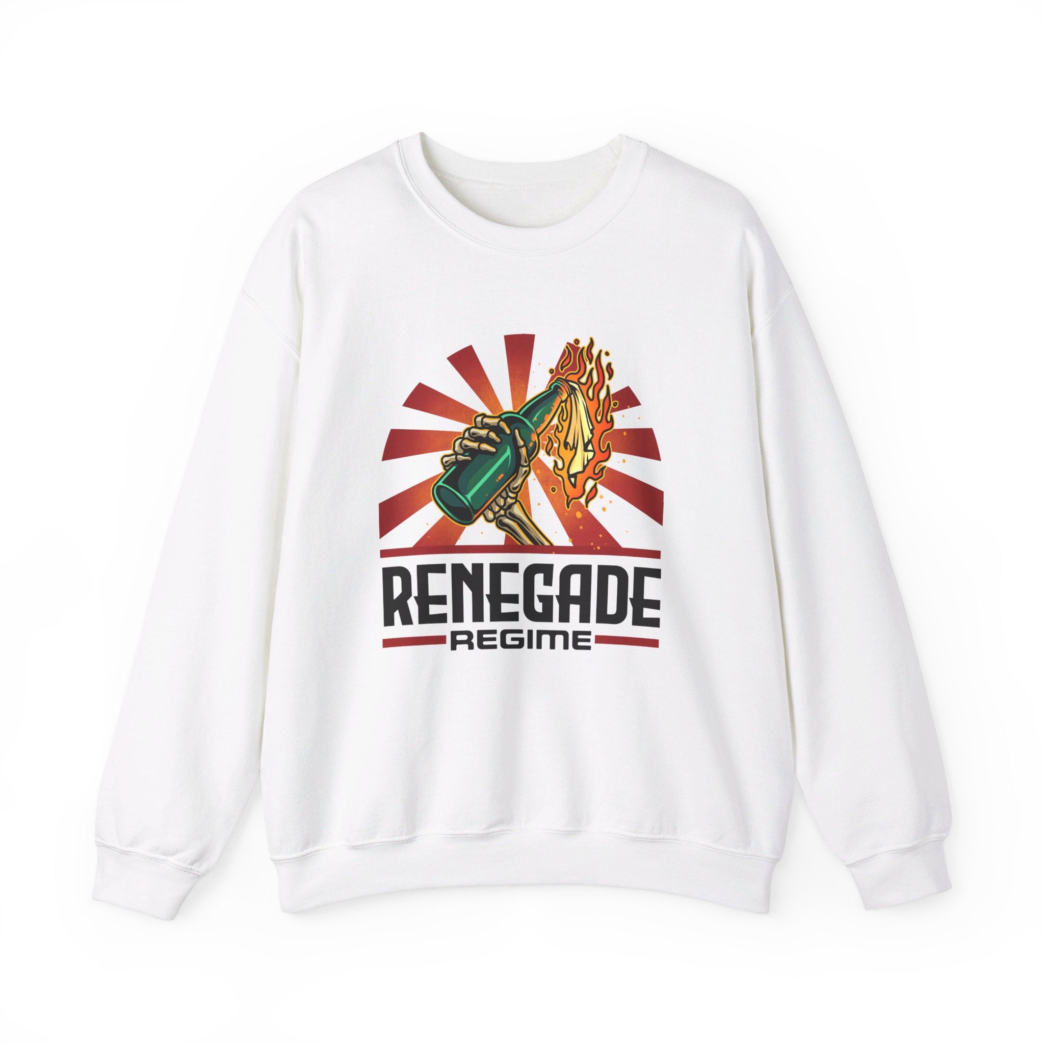 Flame bottle in Skeleton hand White Sweatshirt.