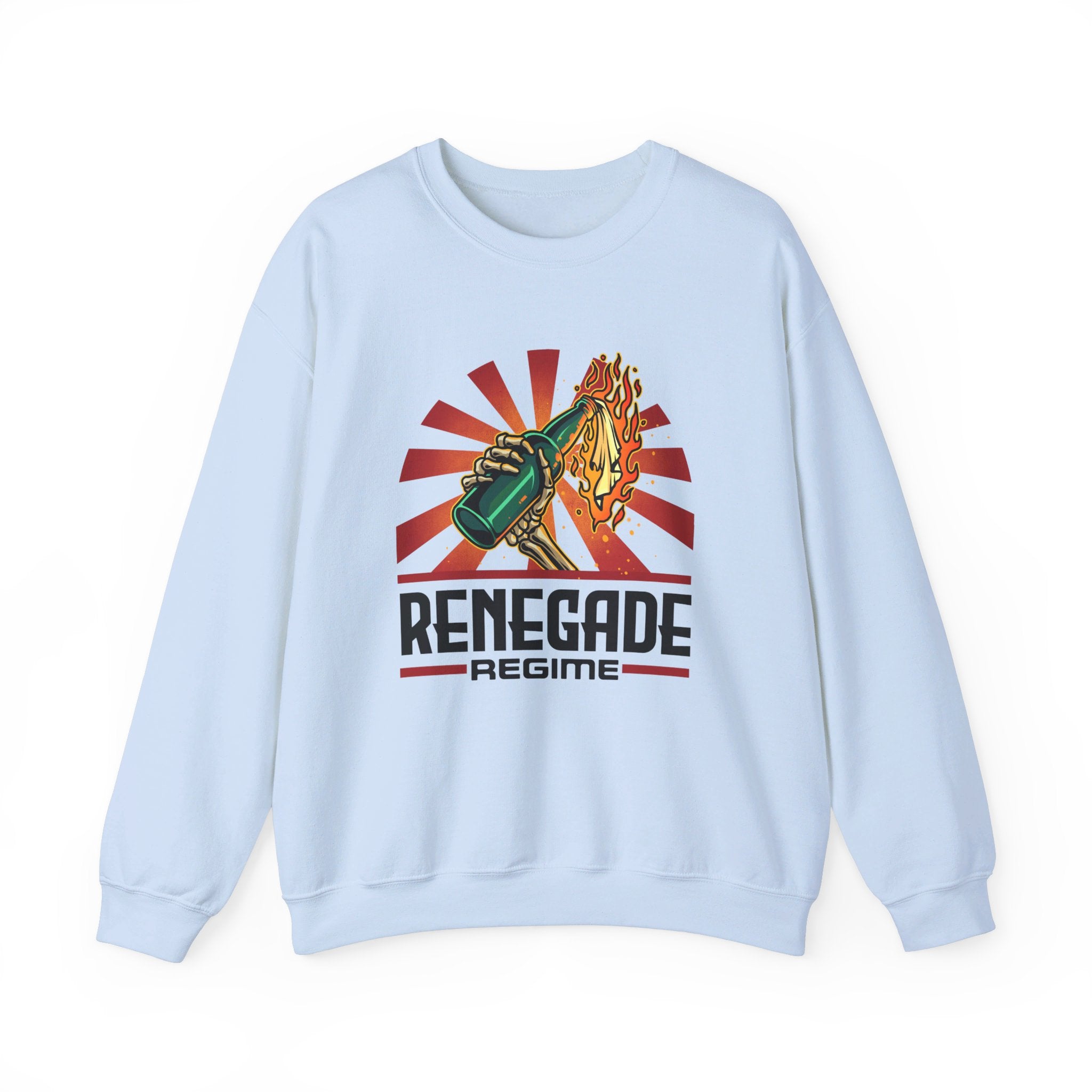 Flame bottle in Skeleton hand White Sweatshirt.