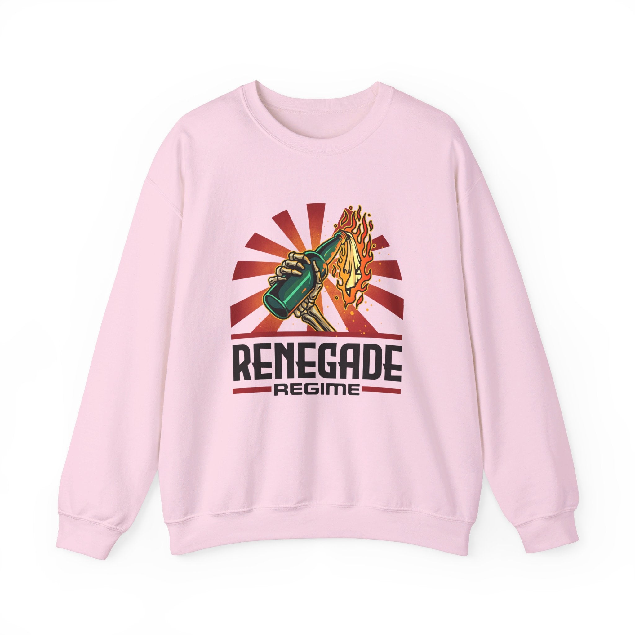 Flame bottle in Skeleton hand White Sweatshirt.